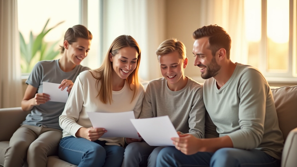Family having a conversation in living room about financial planning and savings goals