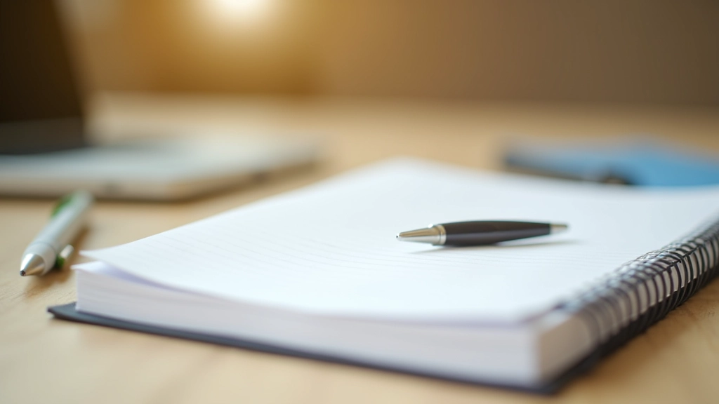 Notebook with financial notes and pen on wooden desk, warm natural lighting, accounting workspace