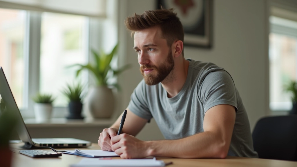Young professional in home office setting with laptop