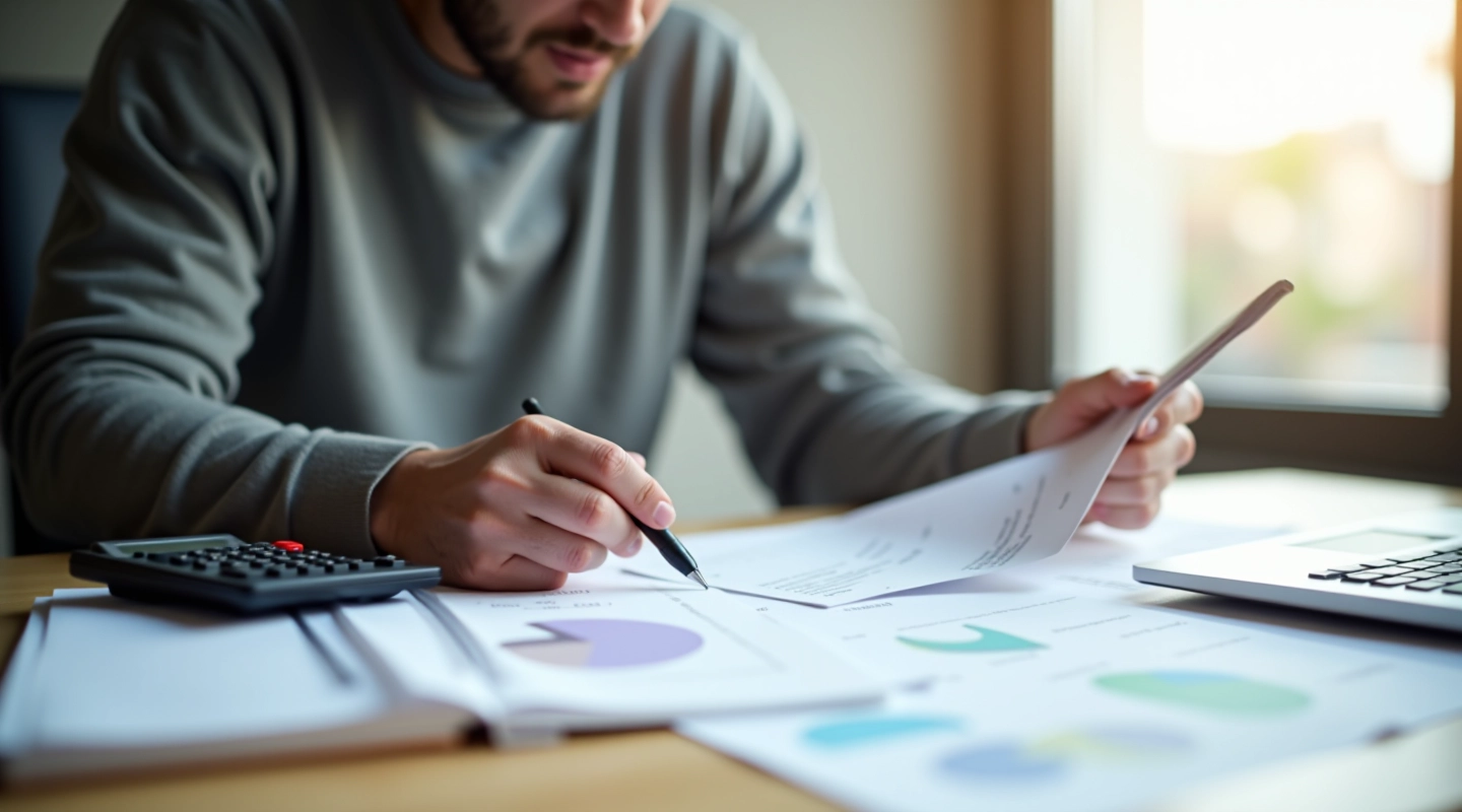 Person studying financial documents and charts at workspace